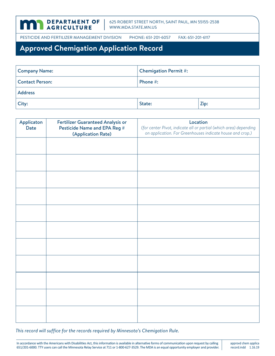 Approved Chemigation Application Record - Minnesota, Page 1