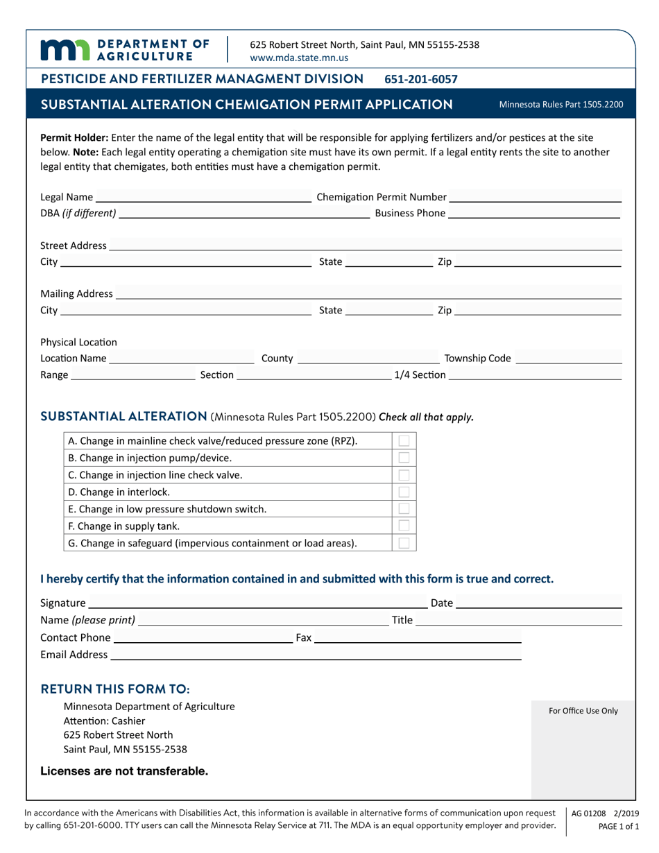 Form AG01208 Substantial Alteration Chemigation Permit Application - Minnesota, Page 1