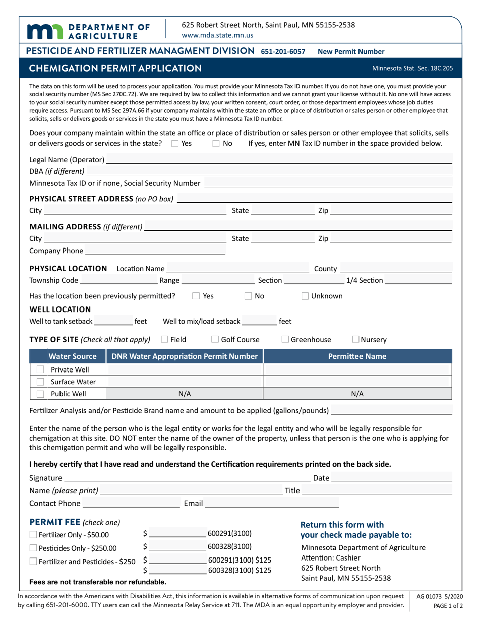 Form AG01073 Chemigation Permit Application - Minnesota, Page 1
