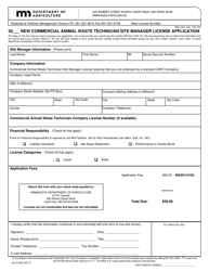 Form AG-01348 &quot;New Commercial Animal Waste Technician Site Manager License Application&quot; - Minnesota