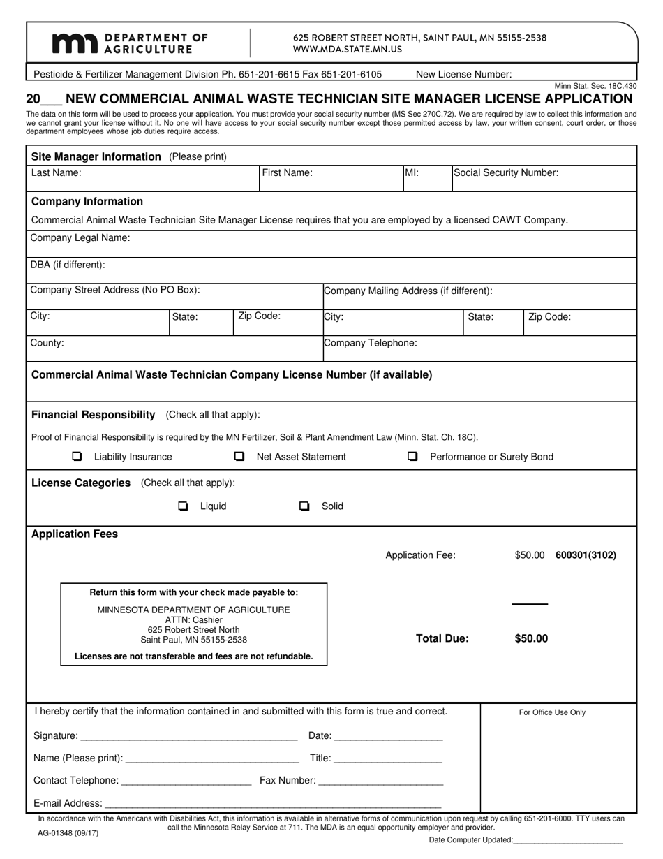 Form AG-01348 New Commercial Animal Waste Technician Site Manager License Application - Minnesota, Page 1