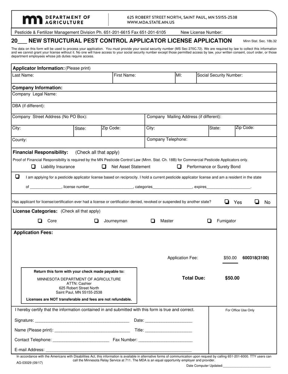 Form AG-03029 New Structural Pest Control Applicator License Application - Minnesota, Page 1