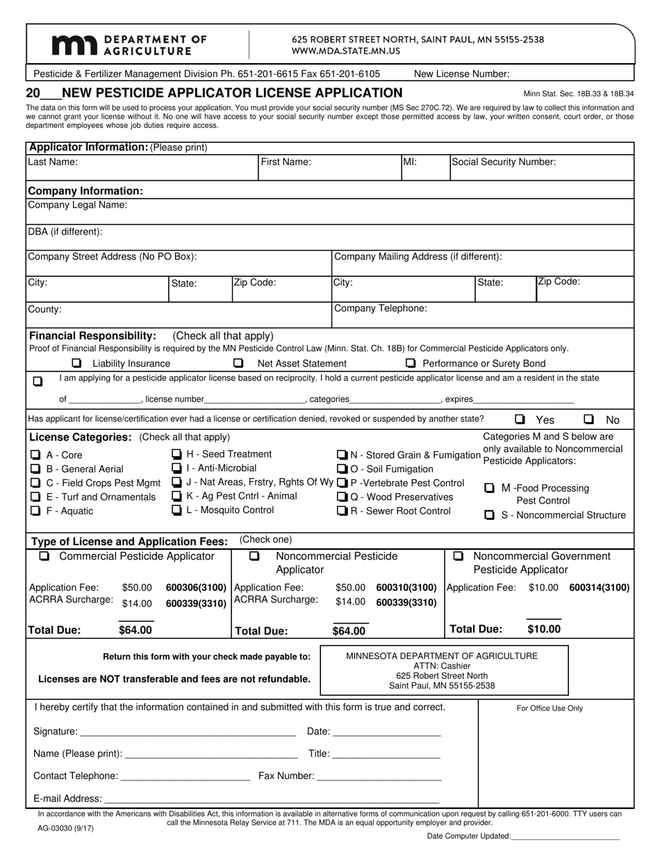 Form AG-03030 New Pesticide Applicator License Application - Minnesota, Page 1
