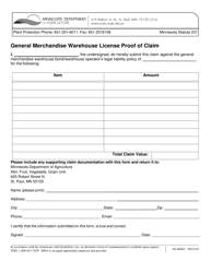 Form AG-00401 &quot;General Merchandise Warehouse License Proof of Claim&quot; - Minnesota