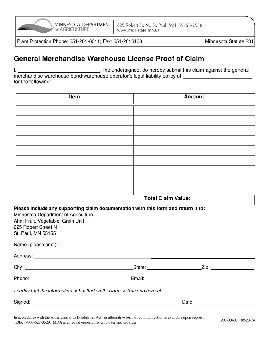 Form AG-00401 General Merchandise Warehouse License Proof of Claim - Minnesota, Page 1