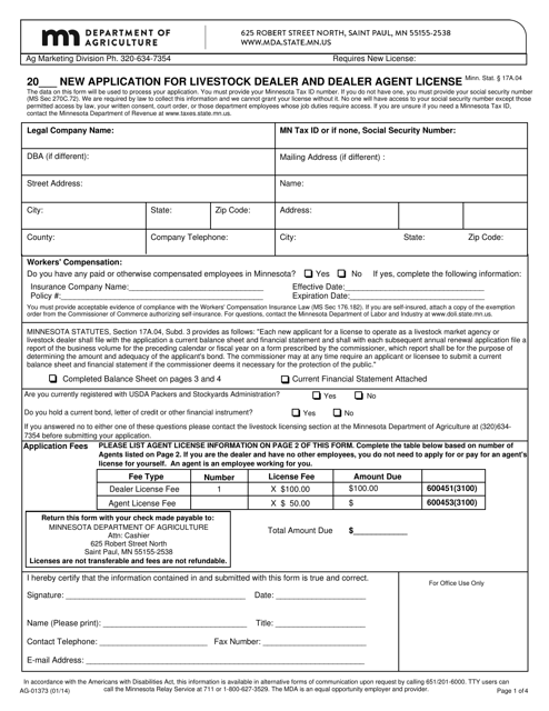 Form AG-01373 New Application for Livestock Dealer and Dealer Agent License - Minnesota