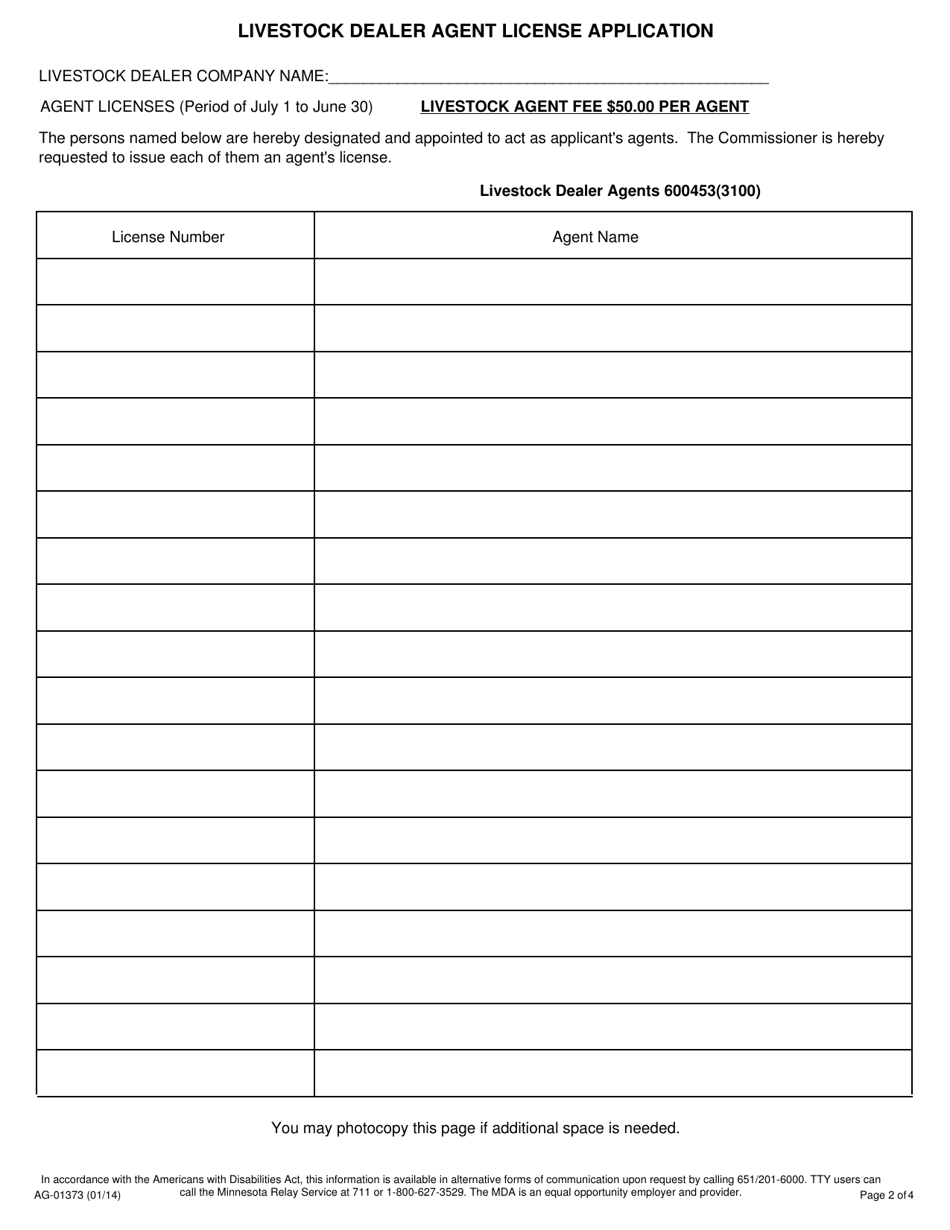 Form AG-01373 New Application for Livestock Dealer and Dealer Agent License - Minnesota, Page 2