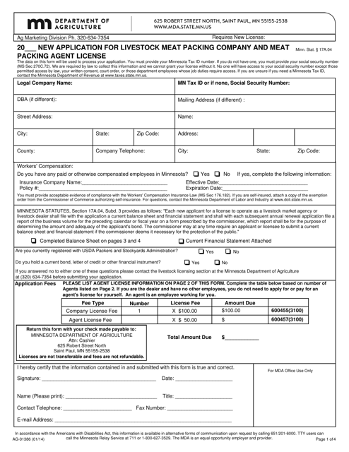Form AG-01386 New Application for Livestock Meat Packing Company and Meat Packing Agent License - Minnesota