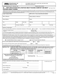 Form AG-01386 New Application for Livestock Meat Packing Company and Meat Packing Agent License - Minnesota