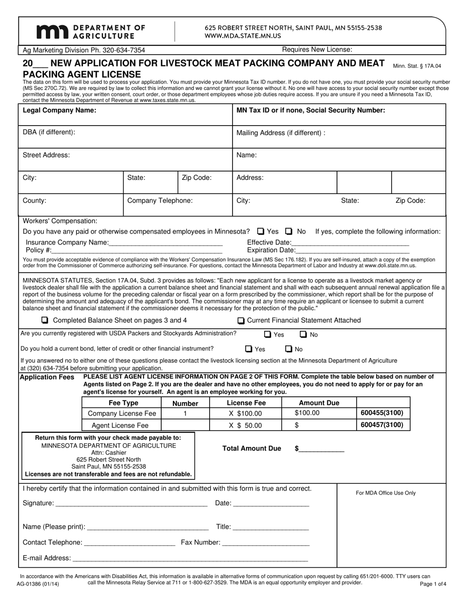 Form AG-01386 New Application for Livestock Meat Packing Company and Meat Packing Agent License - Minnesota, Page 1