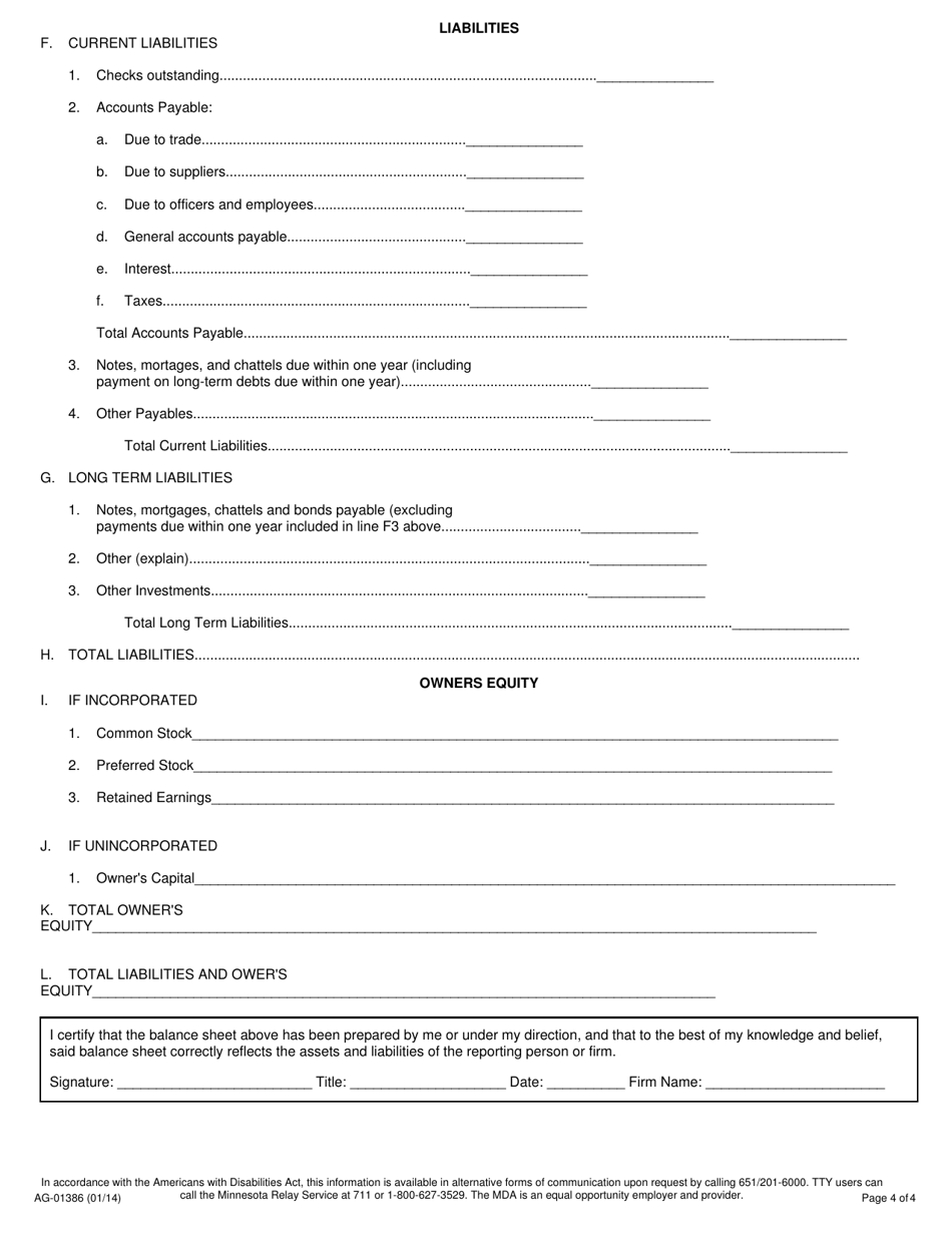 Form AG-01386 New Application for Livestock Meat Packing Company and Meat Packing Agent License - Minnesota, Page 4