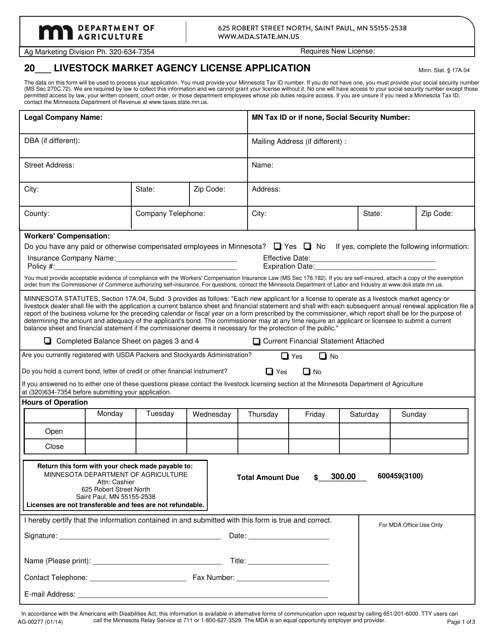Form AG-00277 Livestock Market Agency License Application - Minnesota