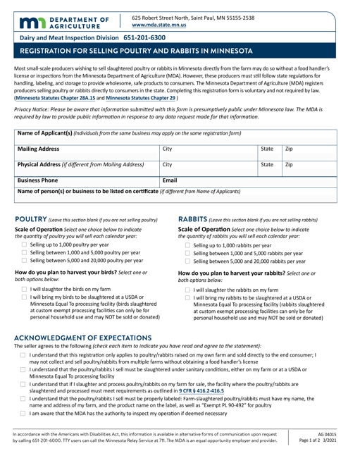 Form AG04015 Registration for Selling Poultry and Rabbits in Minnesota - Minnesota