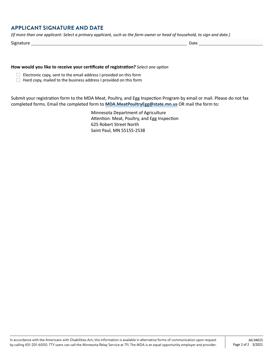 Form AG04015 Registration for Selling Poultry and Rabbits in Minnesota - Minnesota, Page 2