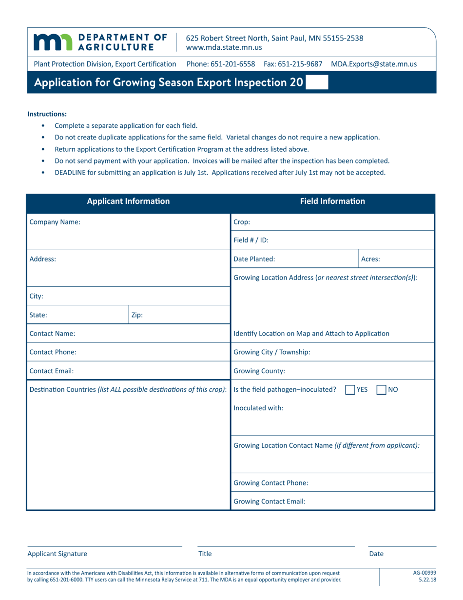 Form AG-00999 Application for Growing Season Export Inspection - Minnesota, Page 1