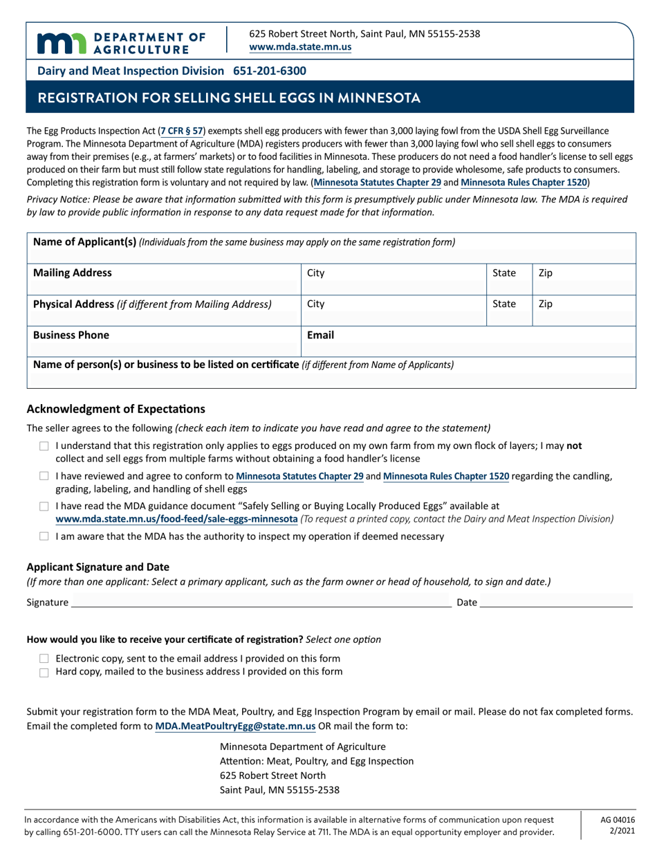 Form AG04016 Registration for Selling Shell Eggs in Minnesota - Minnesota, Page 1