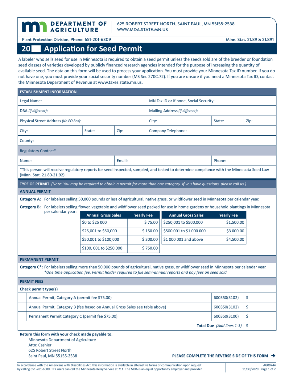 Form AG00744 Application for Seed Permit - Minnesota, Page 1