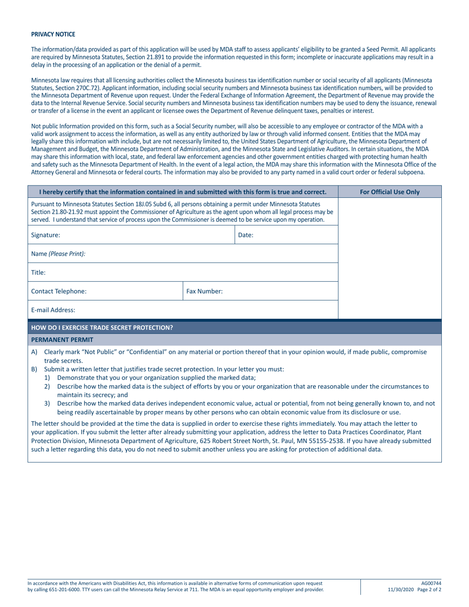 Form AG00744 Application for Seed Permit - Minnesota, Page 2