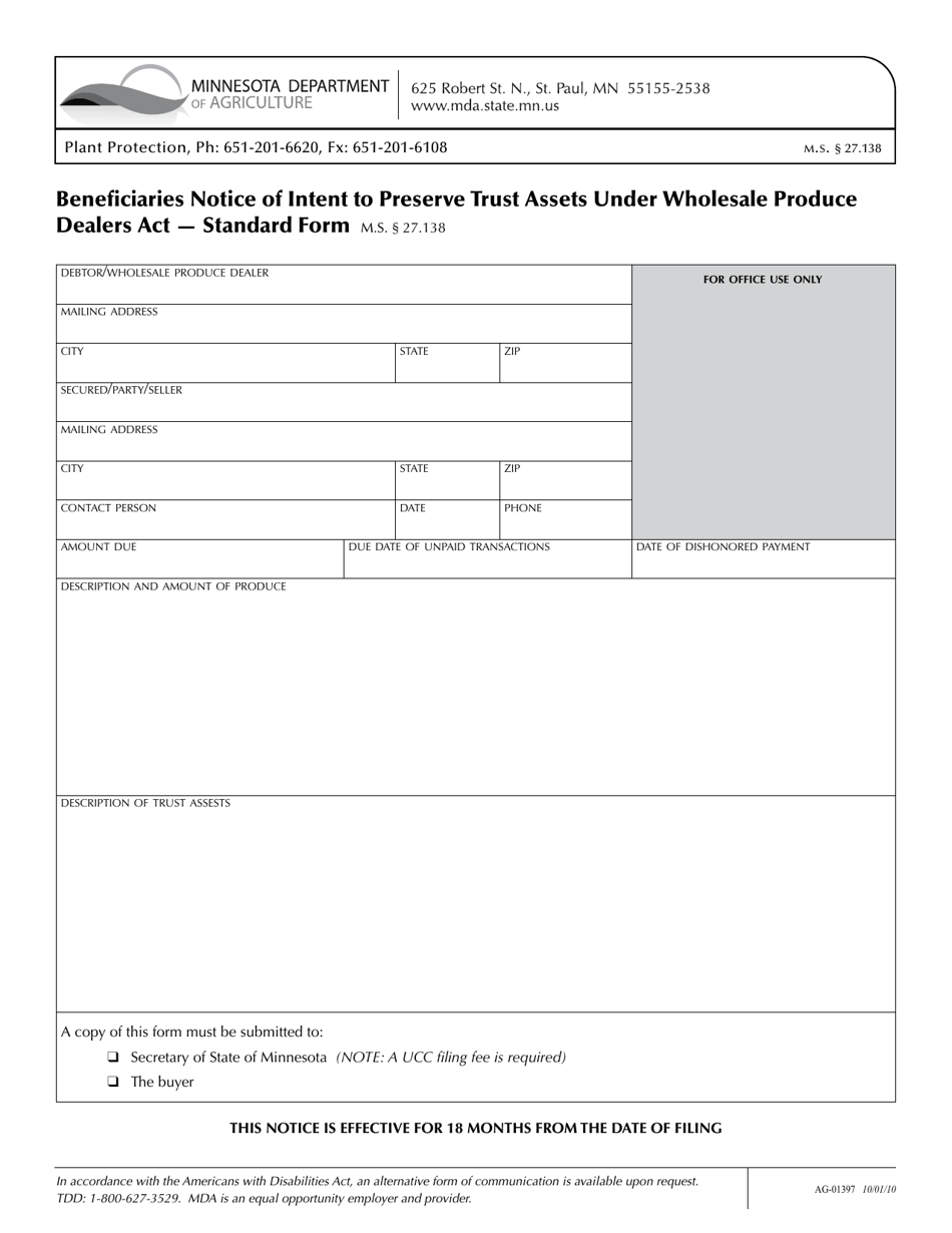 Form AG-01397 Beneficiaries Notice of Intent to Preserve Trust Assets Under Wholesale Produce Dealers Act - Standard Form - Minnesota, Page 1