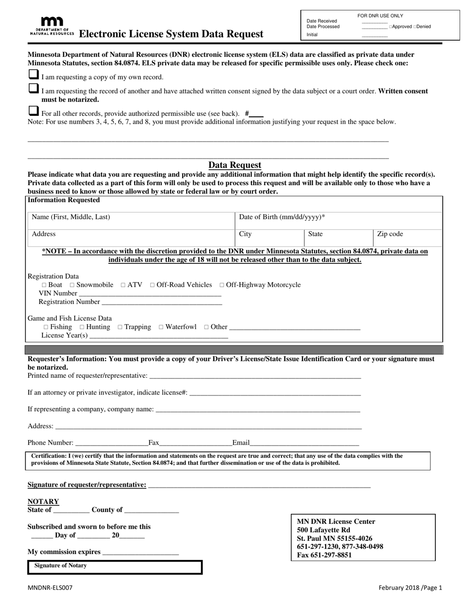 Form MNDNR-ELS007 Electronic License System Data Request - Minnesota, Page 1