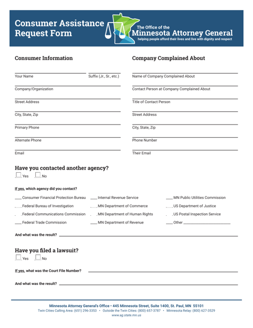 Consumer Assistance Request Form - Minnesota Download Pdf