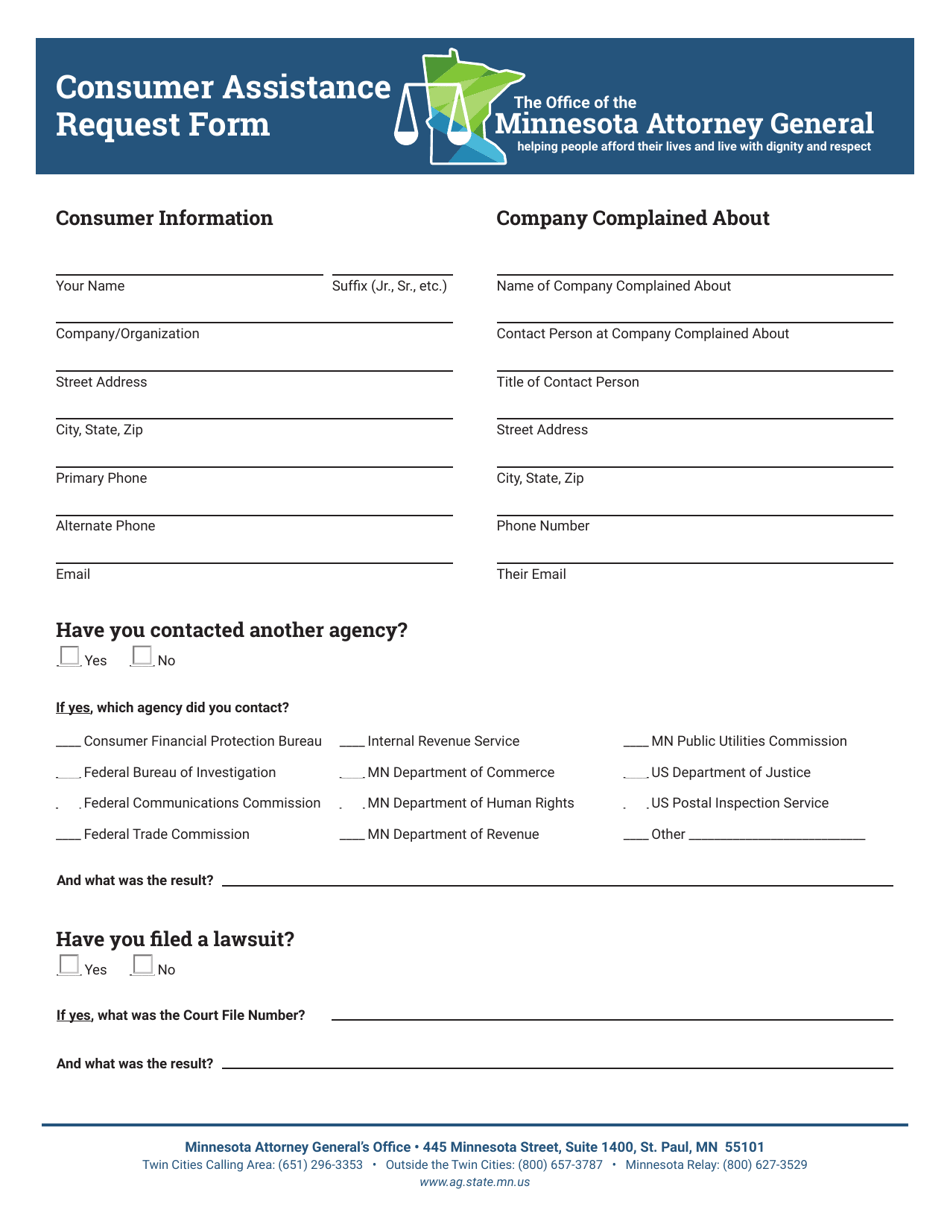 Consumer Assistance Request Form - Minnesota, Page 1