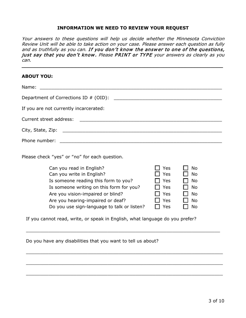 Request for Review by the Conviction Review Unit - Minnesota, Page 3