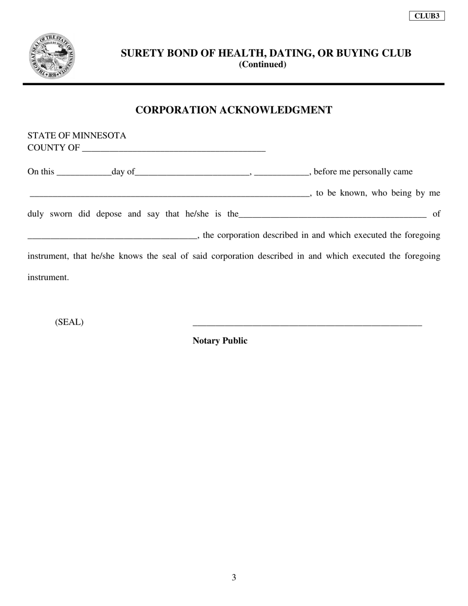 Form CLUB3 Surety Bond of Health, Dating, or Buying Club - Minnesota, Page 3
