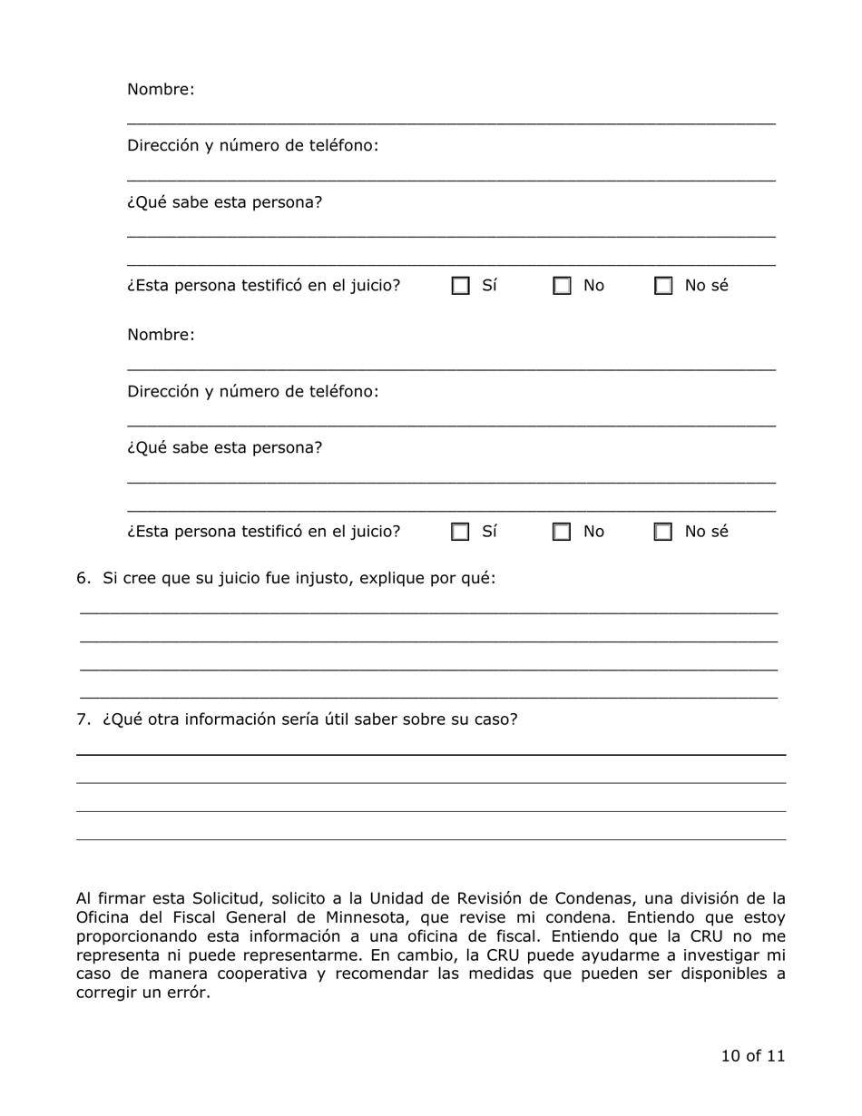 Solicitud De Revision Por Parte De La Unidad De Revision De Convicciones - Minnesota (Spanish), Page 10