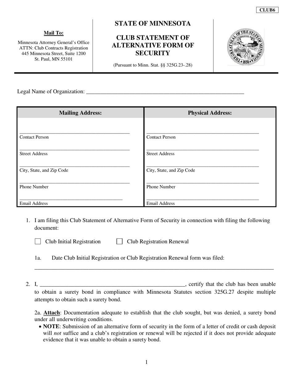 Form CLUB6 Club Statement of Alternative Form of Security - Minnesota, Page 1