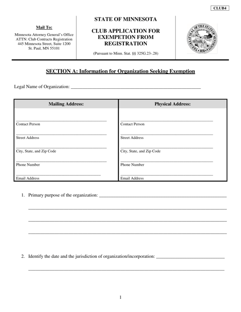 Form CLUB4 Club Application for Exempetion From Registration - Minnesota