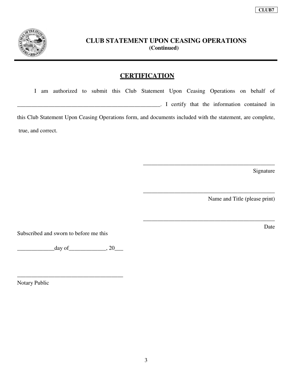Form CLUB7 Club Statement Upon Ceasing Operations - Minnesota, Page 3