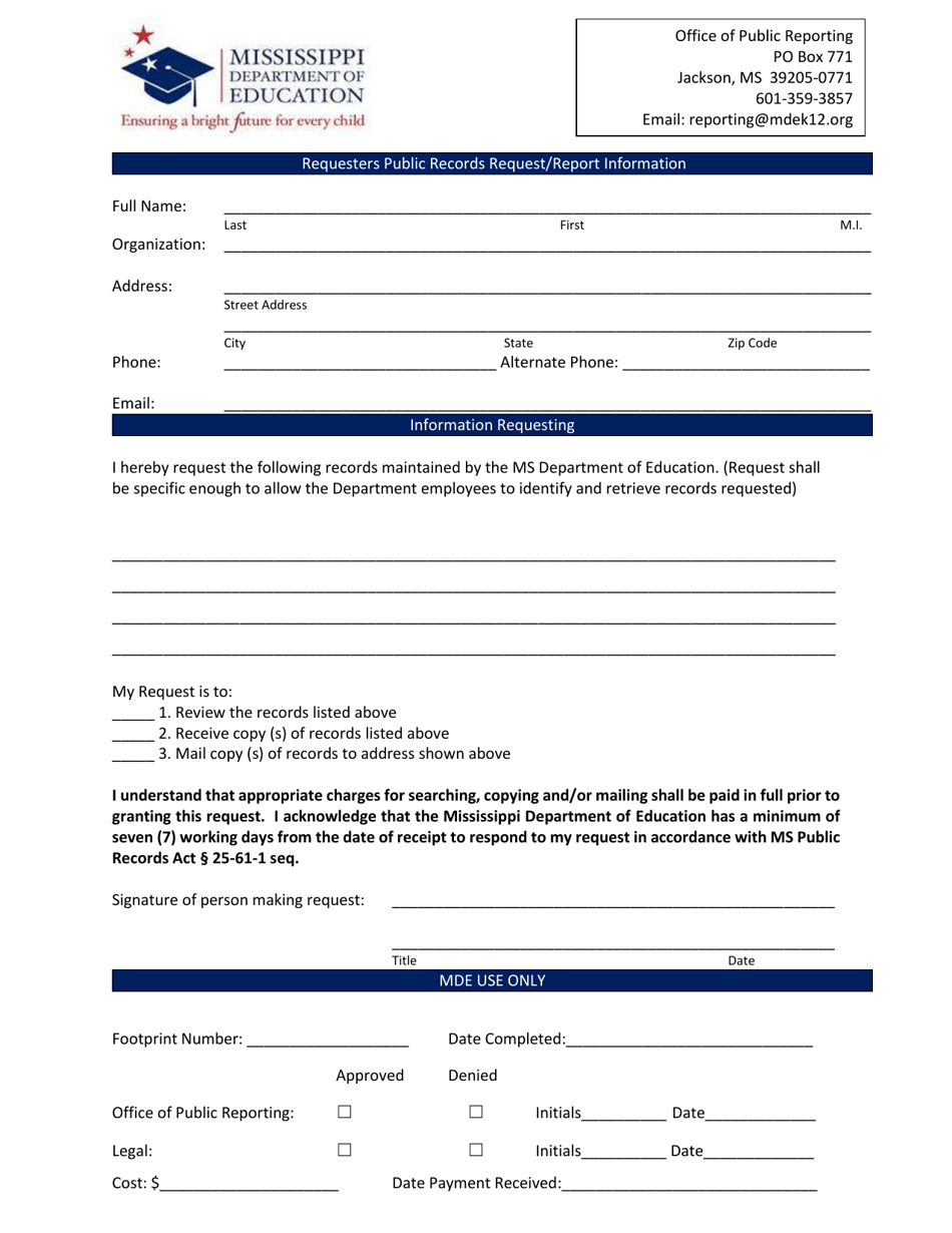 Mississippi Requesters Public Records Request/Report Information - Fill ...