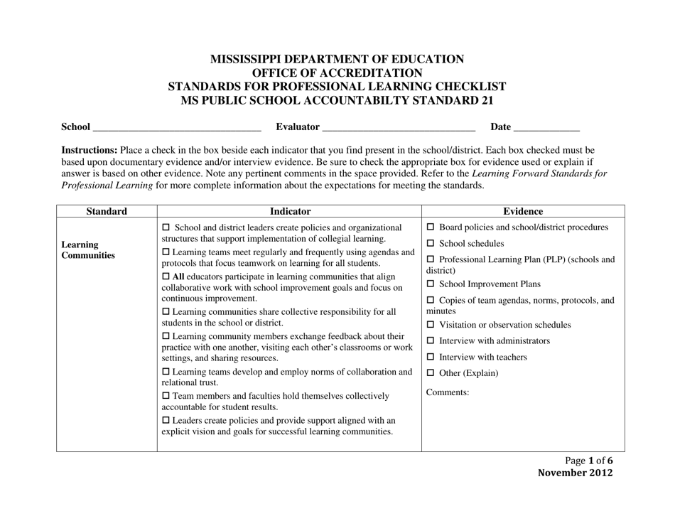 Standards for Professional Learning Checklist - Mississippi, Page 1