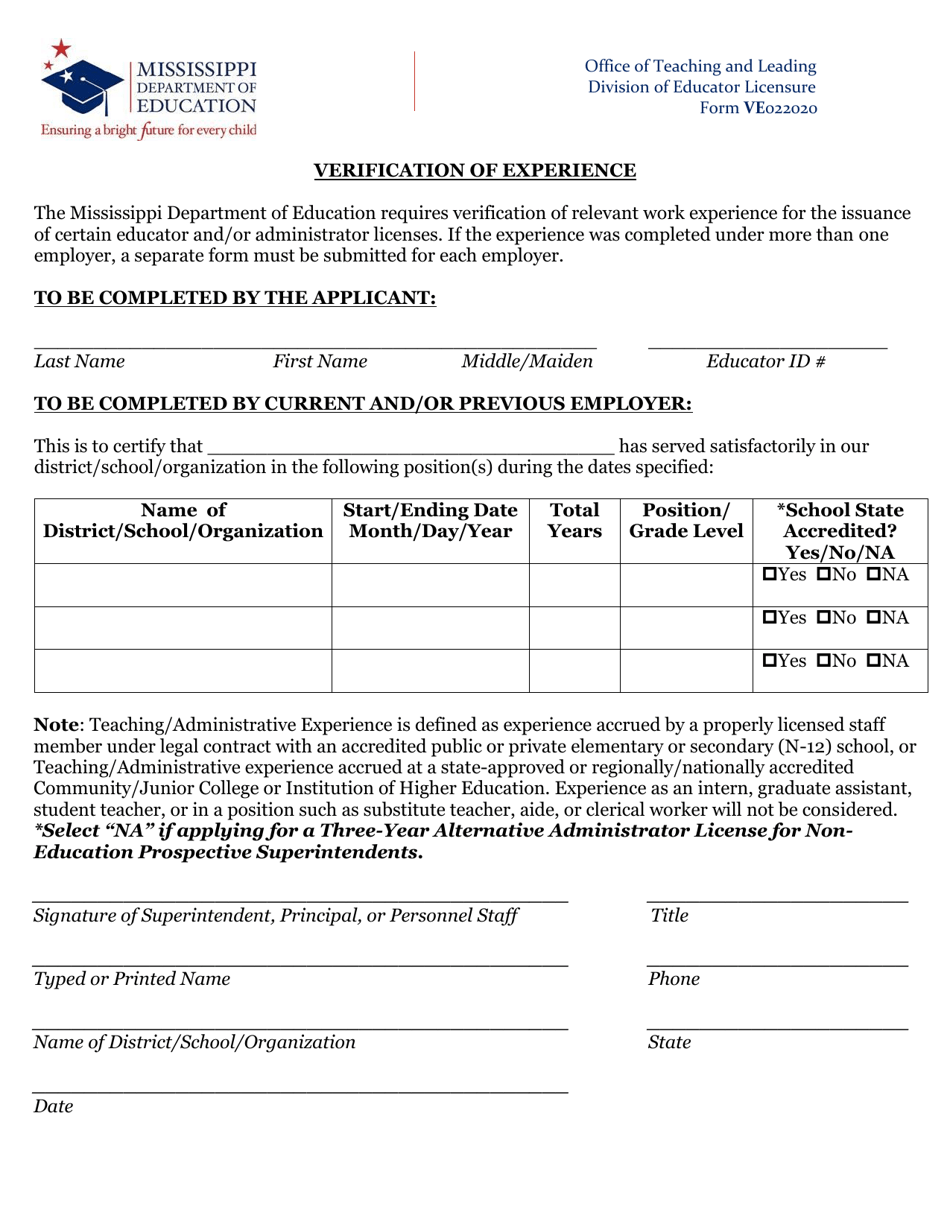 Form VE Verification of Experience - Mississippi, Page 1