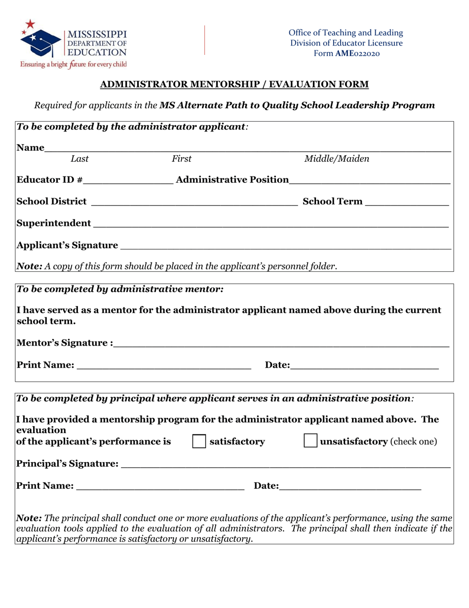 Form AME Administrator Mentorship / Evaluation Form - Mississippi, Page 1