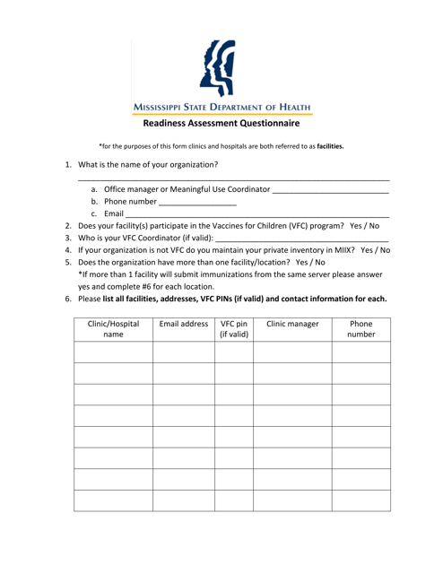 Readiness Assessment Questionnaire - Mississippi Download Pdf