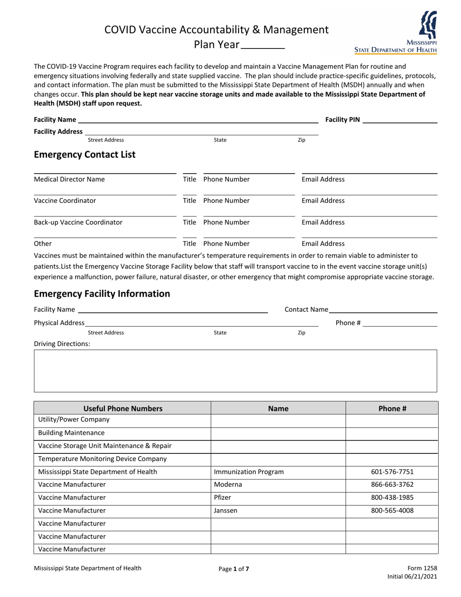 Form 1258 Covid Vaccine Accountability and Management Plan - Mississippi, Page 1