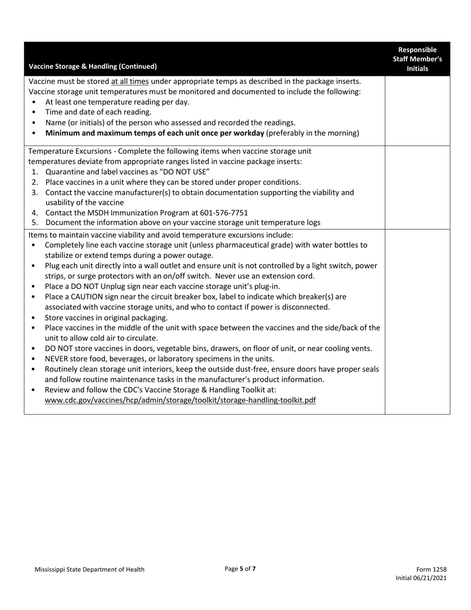 Form 1258 Covid Vaccine Accountability and Management Plan - Mississippi, Page 5