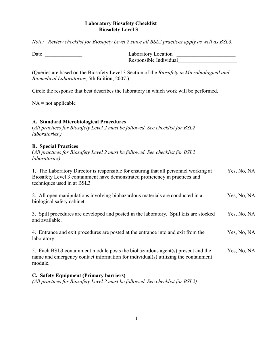 Mississippi Laboratory Biosafety Checklist - Biosafety Level 3 - Fill ...