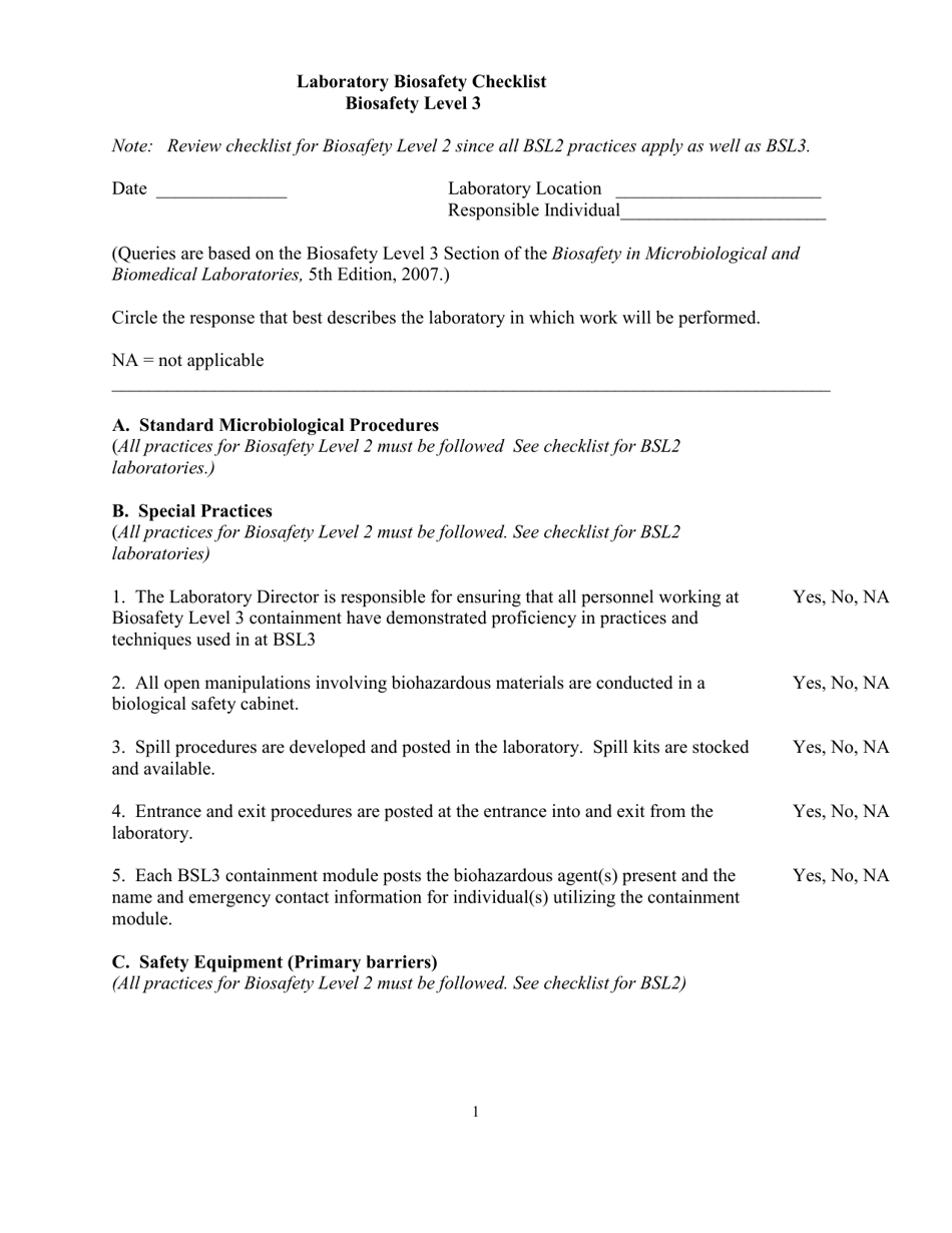 Laboratory Biosafety Checklist - Biosafety Level 3 - Mississippi, Page 1