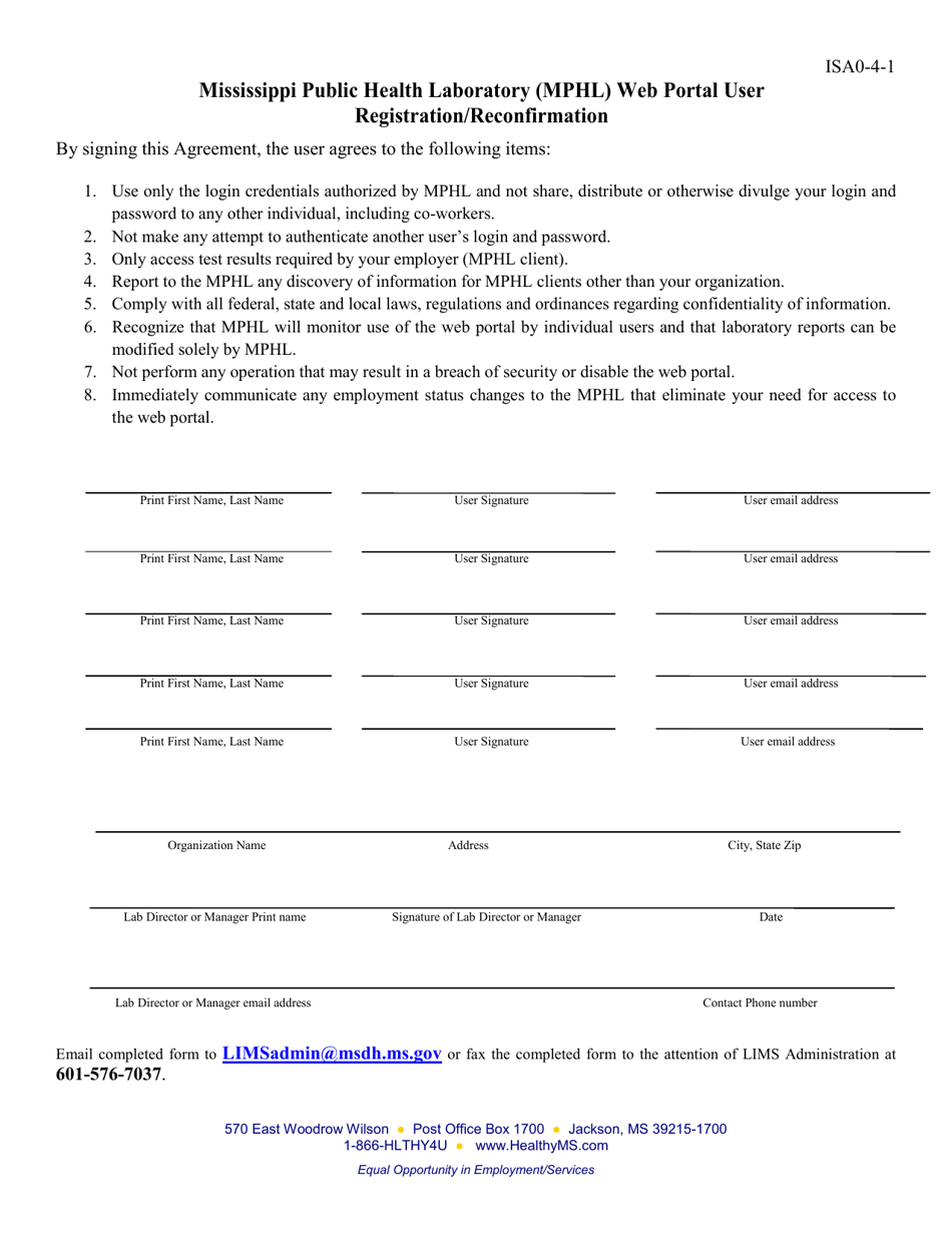 Form ISA0-4-1 Mississippi Public Health Laboratory (Mphl) Web Portal User Registration / Reconfirmation - Mississippi, Page 1