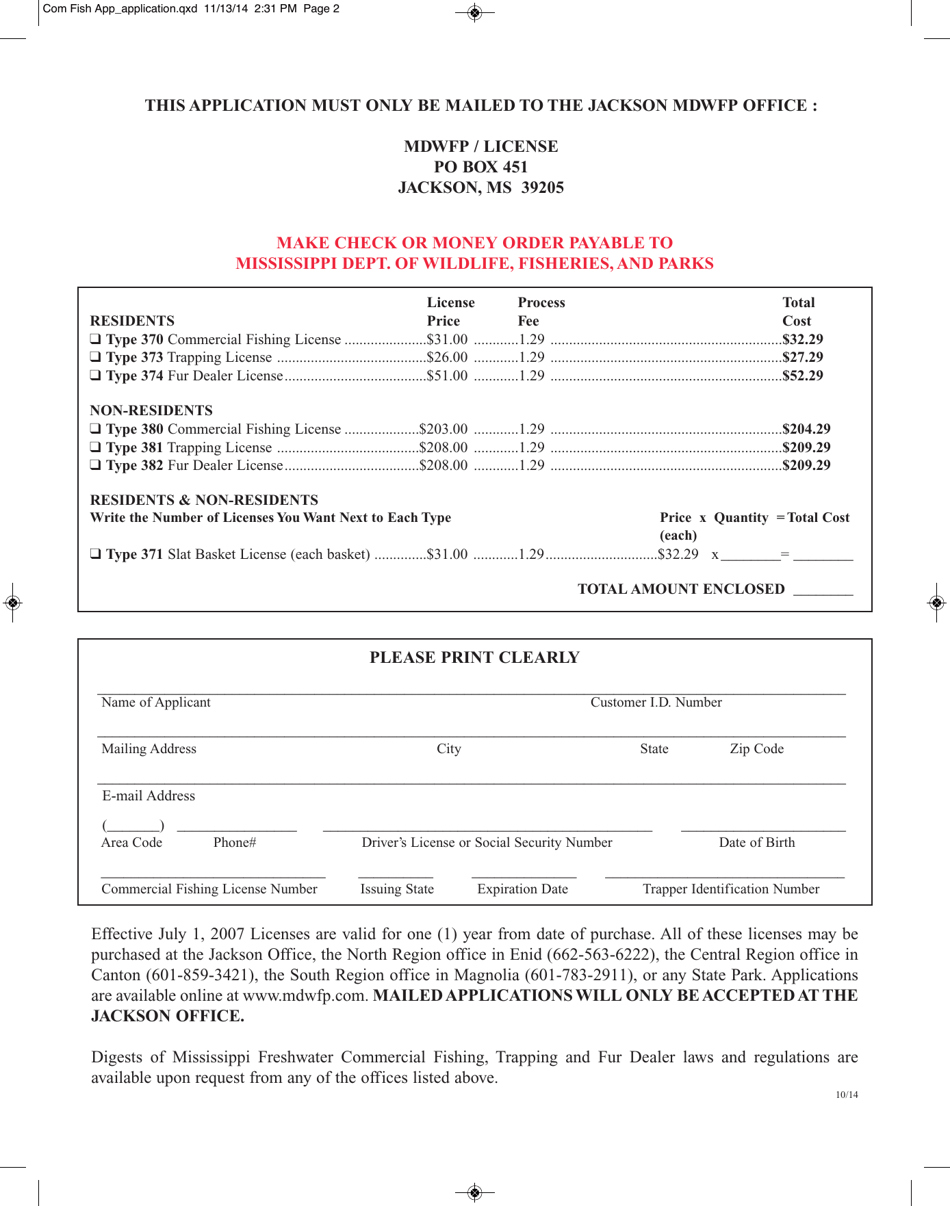 Commercial Fishing, Trapping  Fur Dealer License Application - Mississippi, Page 2