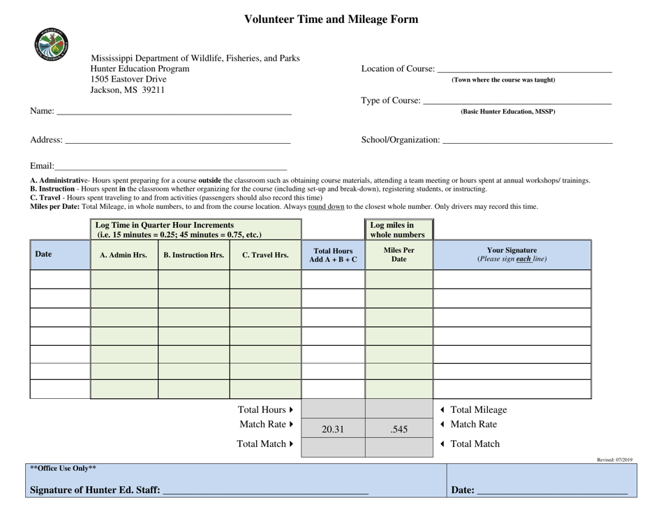Volunteer Time and Mileage Form - Mississippi, Page 1