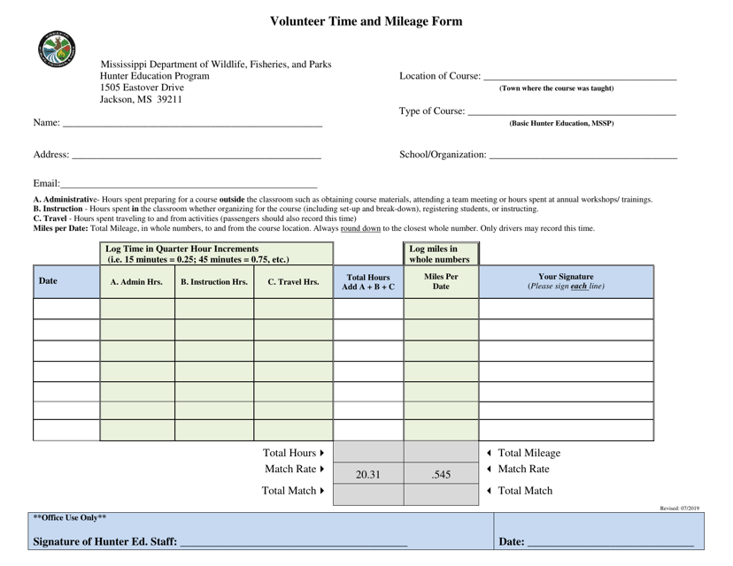 Volunteer Time and Mileage Form - Mississippi
