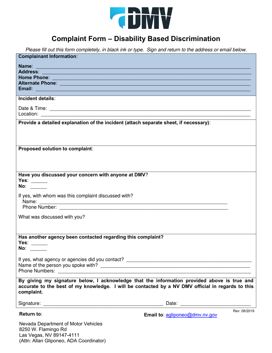 Complaint Form - Disability Based Discrimination - Nevada, Page 1