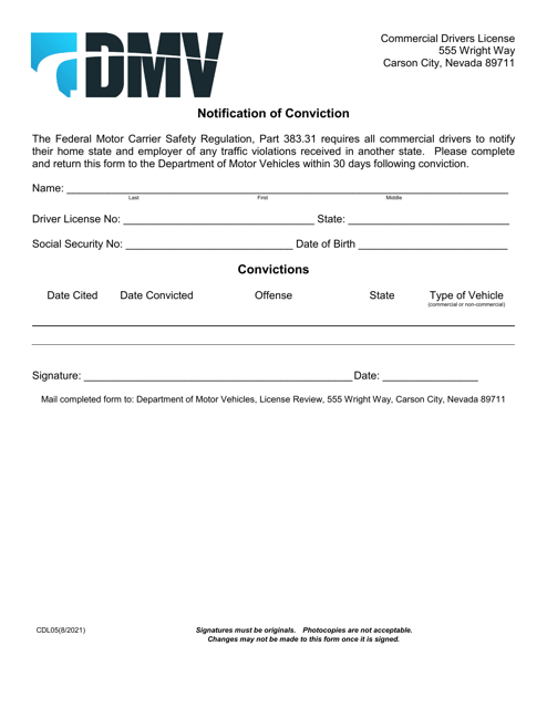 Form CDL05 Notification of Conviction - Nevada
