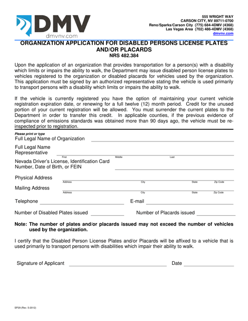 Form SP29 Organization Application for Disabled Persons License Plates and/or Placards - Nevada