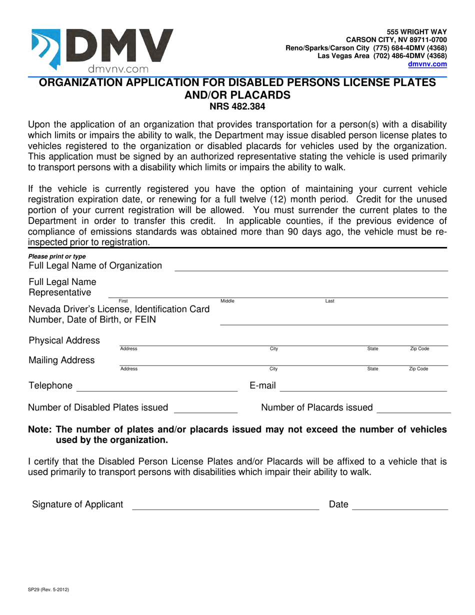Form SP29 Organization Application for Disabled Persons License Plates and / or Placards - Nevada, Page 1