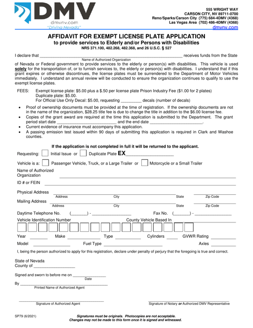 Form SP79 Affidavit for Exempt License Plate Application to Provide Services to Elderly and/or Persons With Disabilities - Nevada